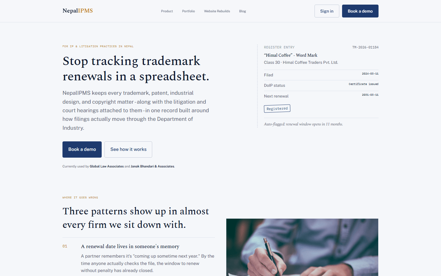 NepalIPMS dashboard showing matter records and trademark search